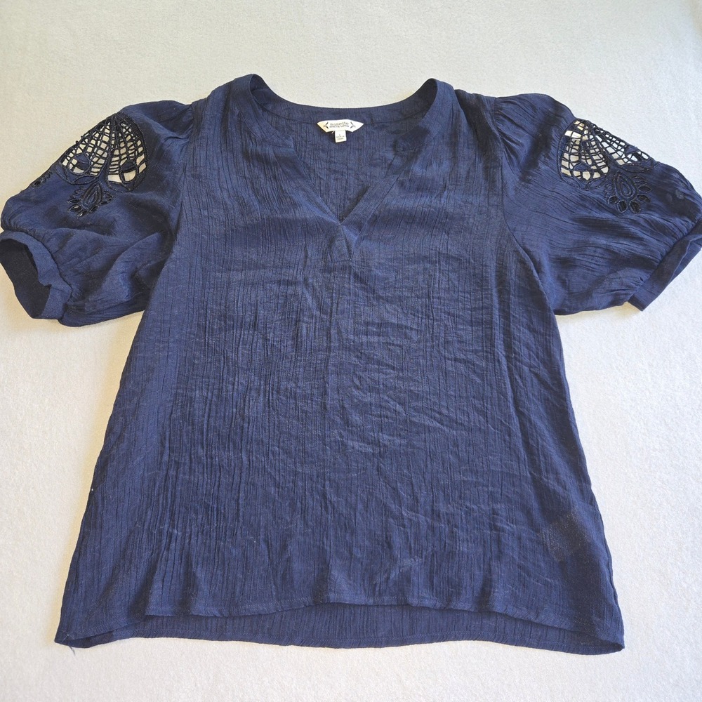 Nanette Lepore Blouse Women Large Navy Blue Crochet Lace Puff Sleeve Crinkle Top